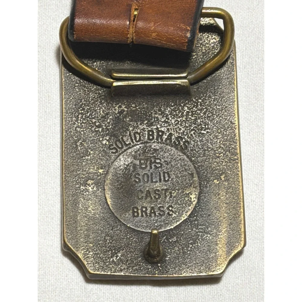 Mens Vintage Tooled Leather Belt Solid Brass Steam Train Locomotive Buckle 48in